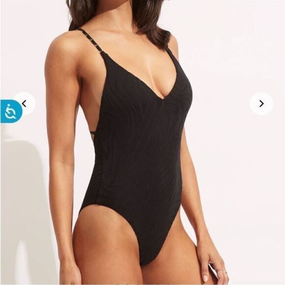 Anthropologie x Seafolly Second Wave V Neck One Piece Swimsuit Black US 6 NWT - Picture 2 of 10
